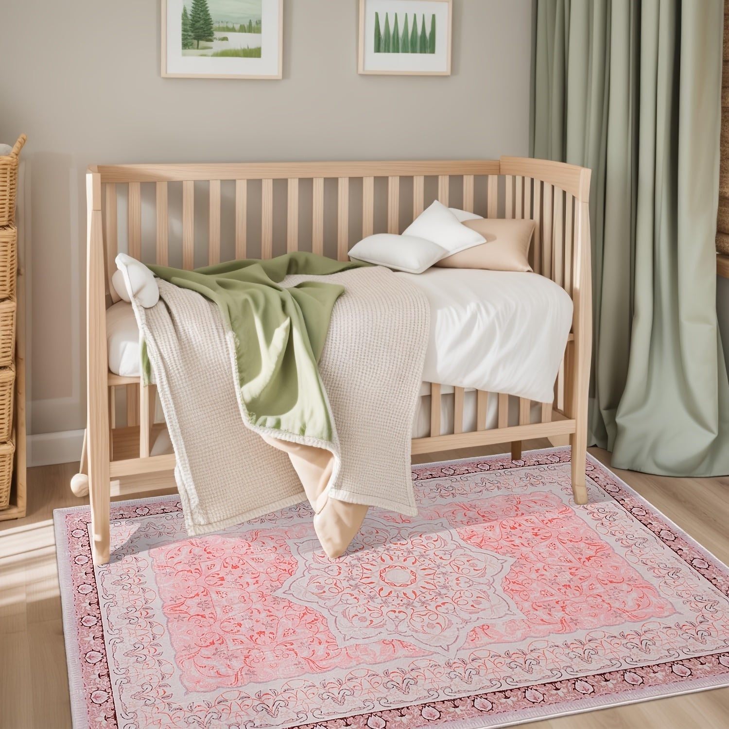 Grey Area Rug - Washable Floral Stripe Rug for Bedroom & Living Room