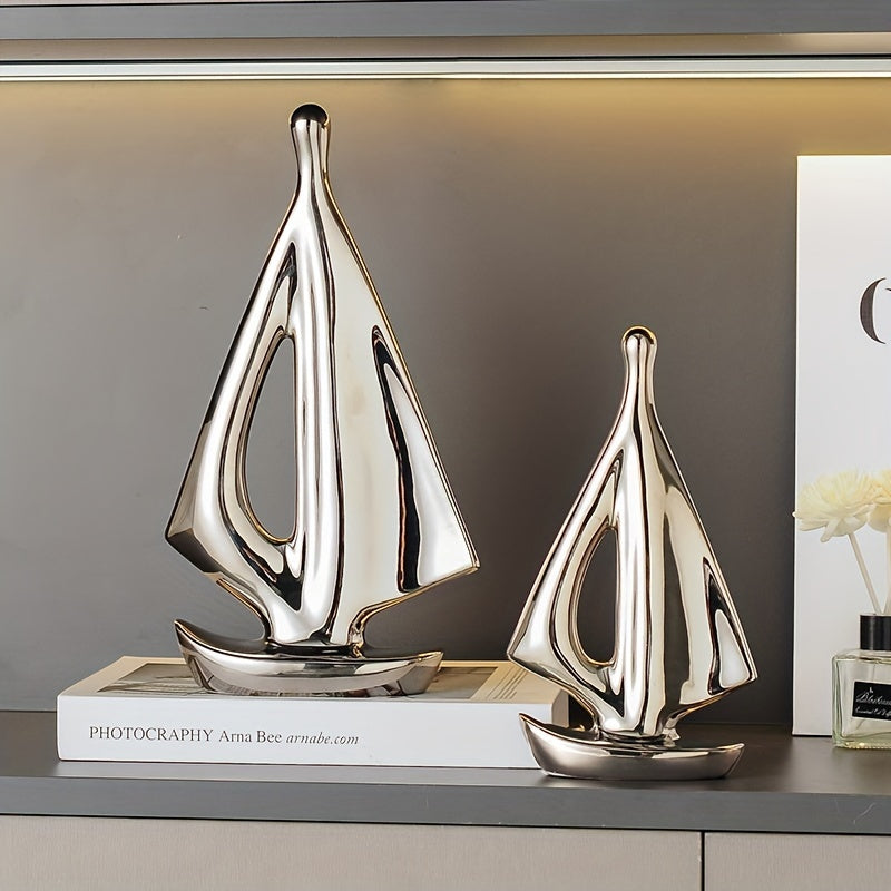Ceramic Sailboat Sculptures Set of 2 - Modern Nautical Home Decor Ornaments