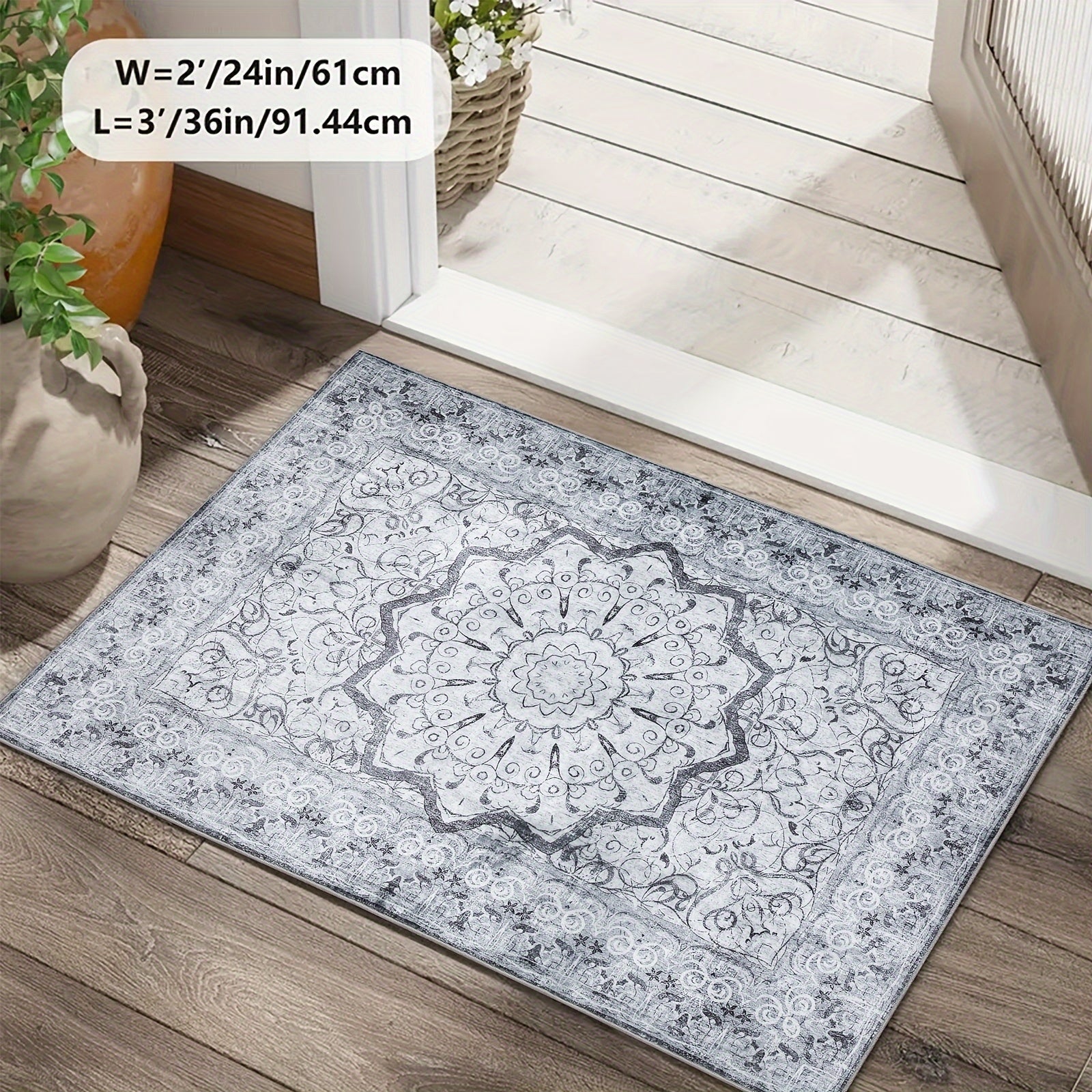 Grey Area Rug - Washable Floral Stripe Rug for Bedroom & Living Room