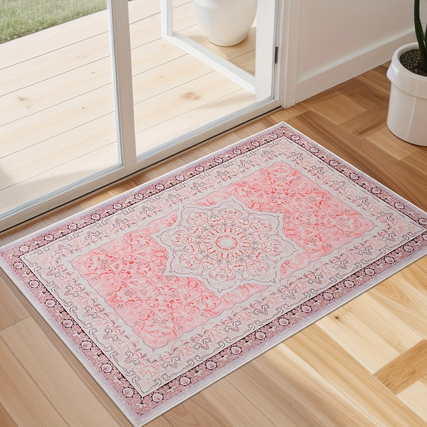 Grey Area Rug - Washable Floral Stripe Rug for Bedroom & Living Room