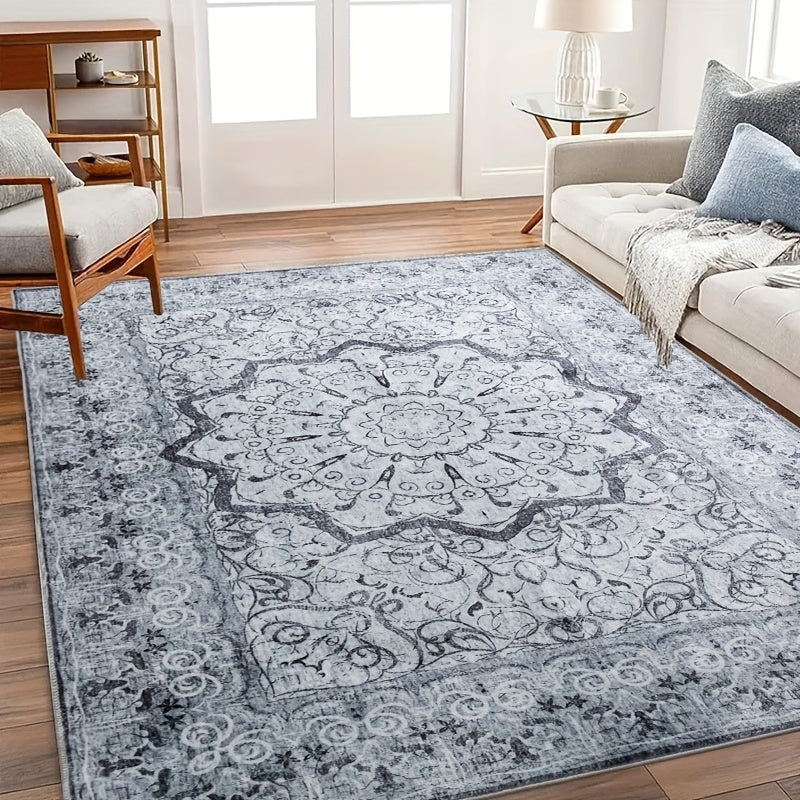 Grey Area Rug - Washable Floral Stripe Rug for Bedroom & Living Room