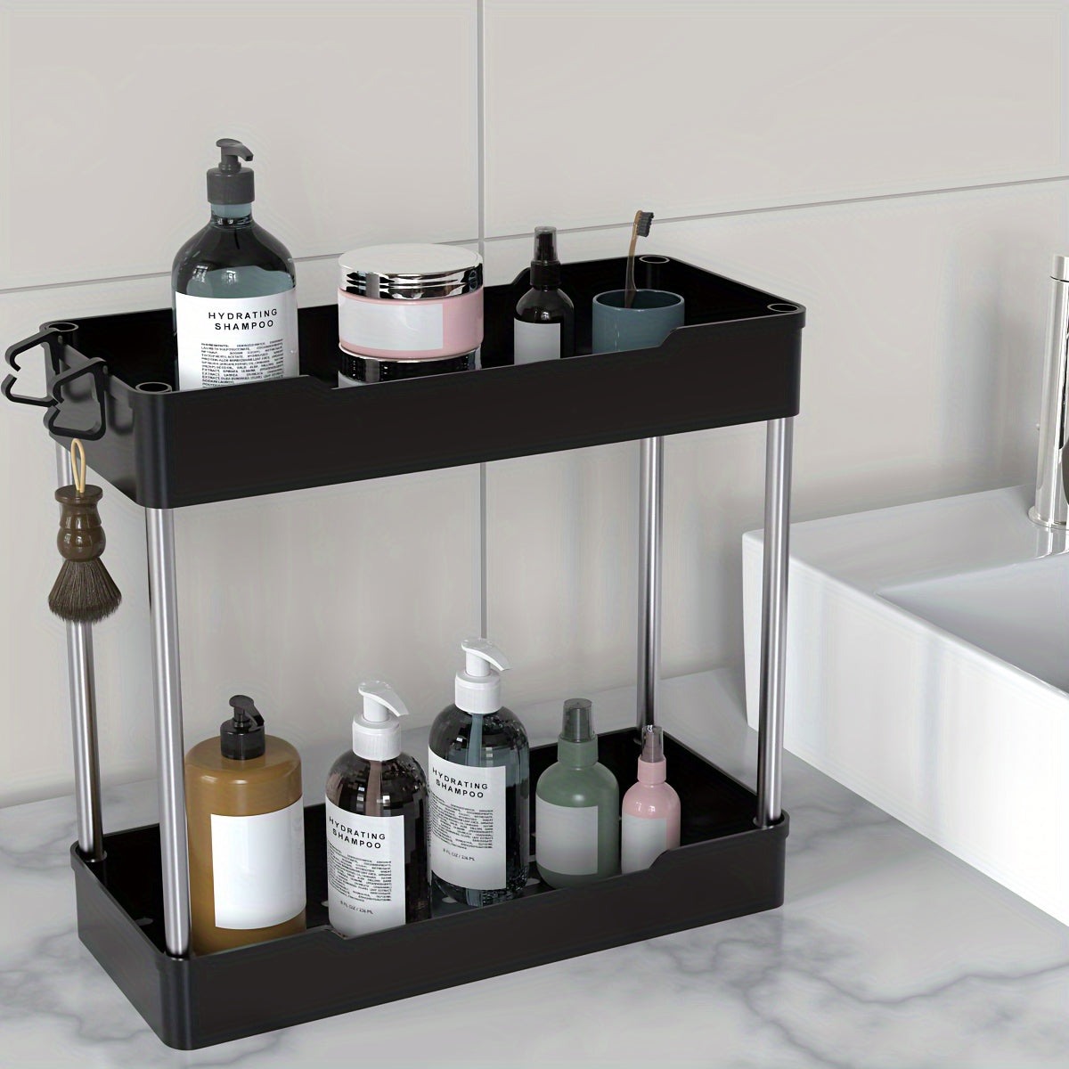 Slim Bathroom Countertop Organizer - Multi-Tier Storage Rack with Gold Accents
