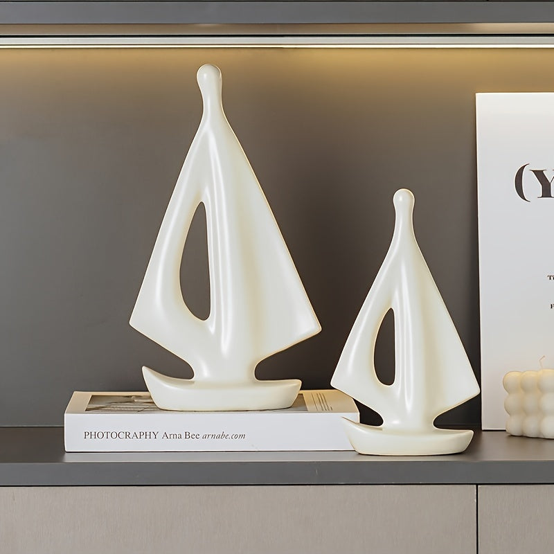 Ceramic Sailboat Sculptures Set of 2 - Modern Nautical Home Decor Ornaments