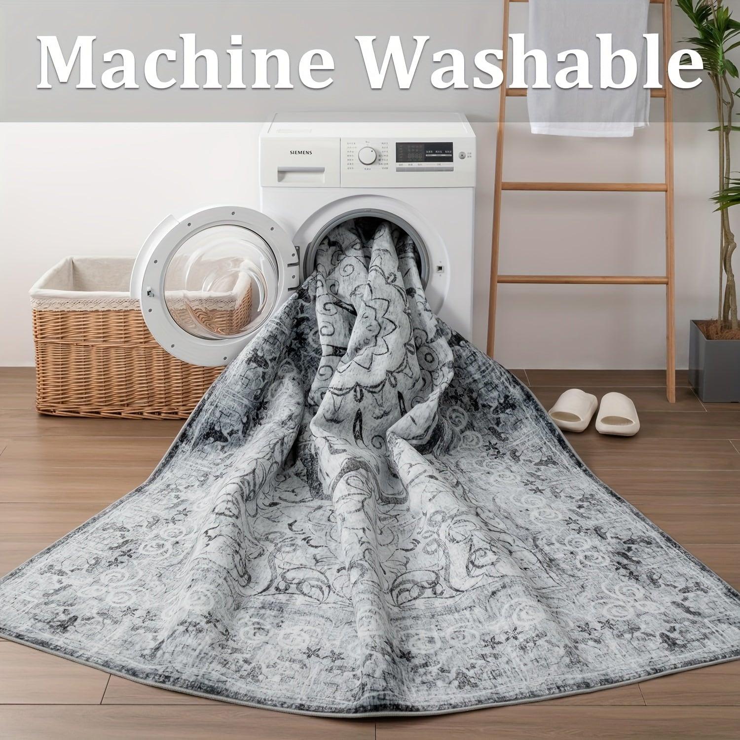 Grey Area Rug - Washable Floral Stripe Rug for Bedroom & Living Room